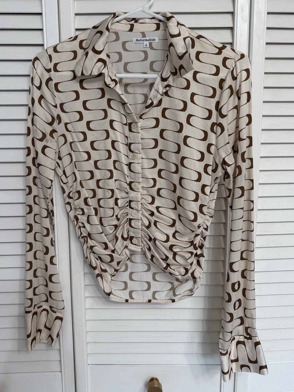 Reformation Cream & Brown Geometric Ruched Button-Up Blouse
